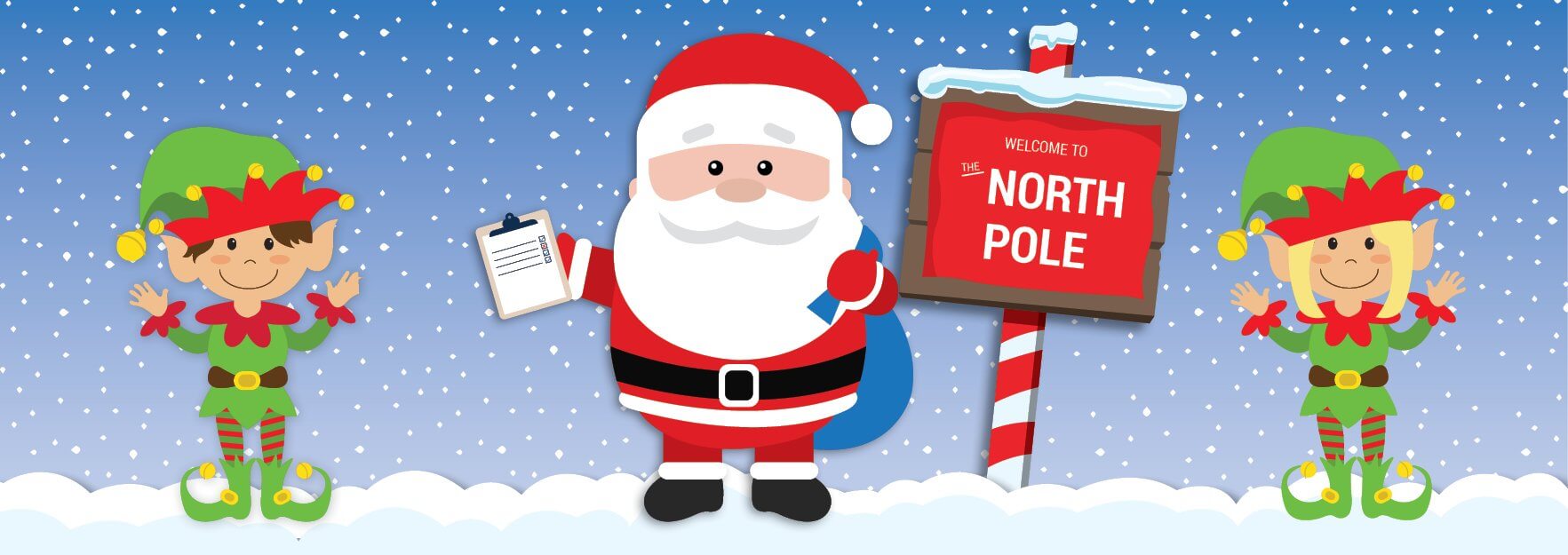 Santa and elves in front of a North Pole sign