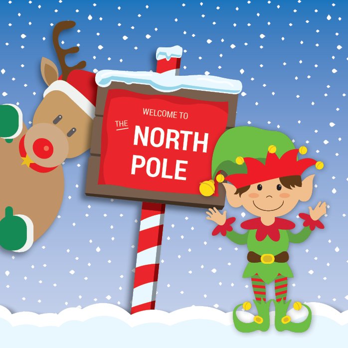 Elf and reindeer in front of a North Pole sign